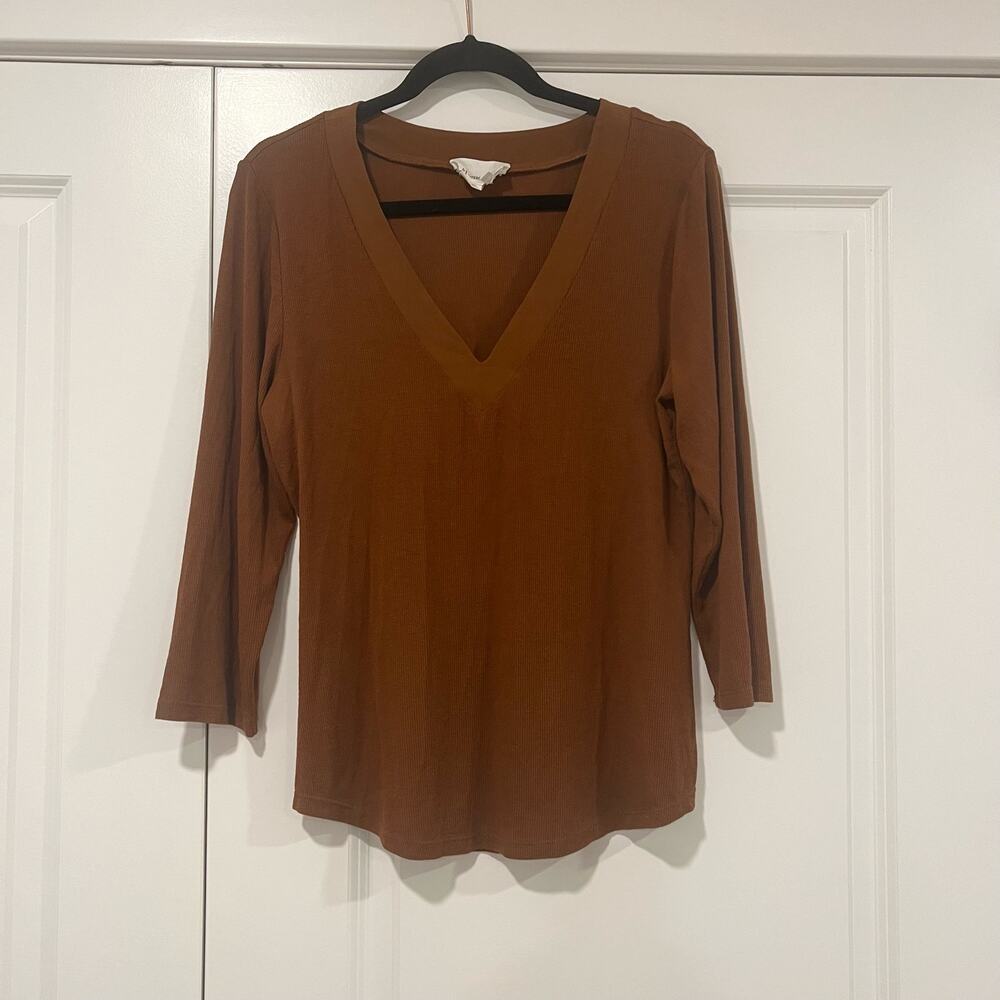 By Anthropologie Women's V Neck Ribbed Long Sleeve Camel Tan Size Large‎